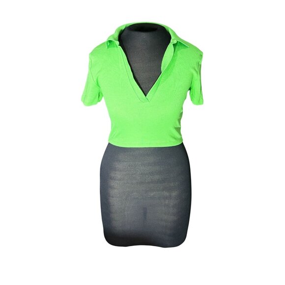 Neon Green Ribbed Polo Crop Top Short Sleeve Zara Size M - Picture 1 of 11